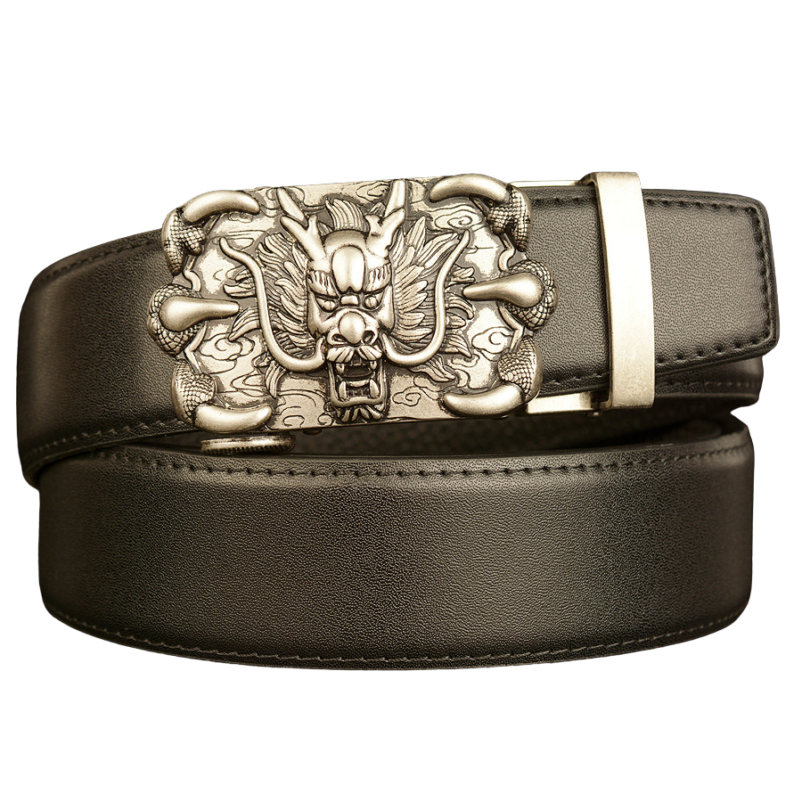 Ceinture Draco Shine pour homme en cuir noir avec boucle rectangulaire argentée ornée d'un dragon en relief et finition brillante #fullwidth