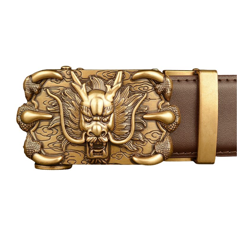 Ceinture Draco Shine pour homme avec boucle rectangulaire dorée ornée d'un dragon en relief et d'un cuir marron lisse.