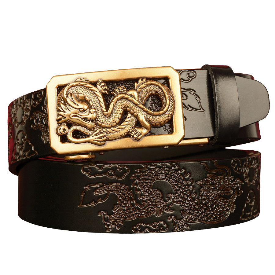 Ceinture homme Dragon d’Orient noire avec boucle automatique dorée ornée d'un dragon sculpté et motif dragon sur le cuir #fullwidth