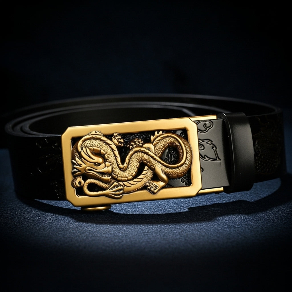 Ceinture Dragon d’Orient pour homme en cuir noir avec boucle automatique dorée ornée d'un dragon sculpté #fullwidth