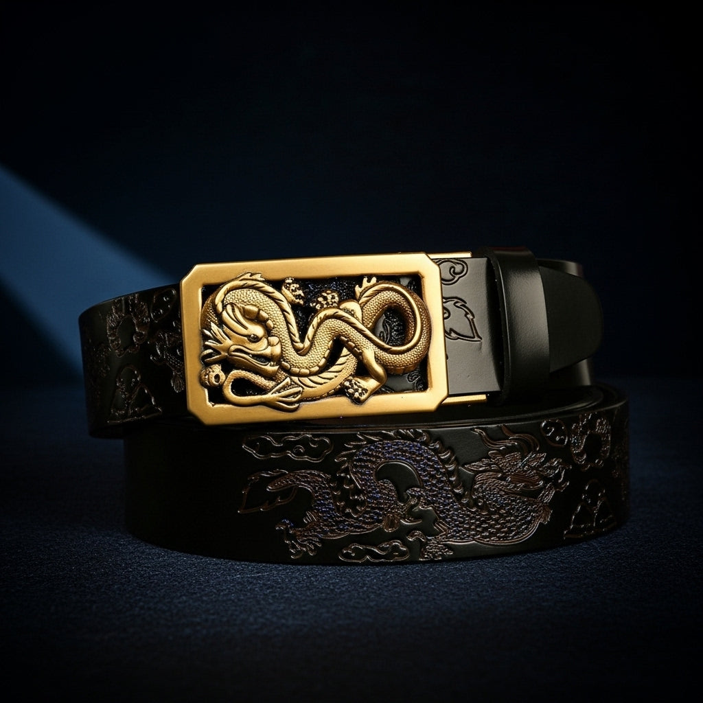 Ceinture Dragon d’Orient pour homme en cuir noir avec boucle automatique dorée ornée d'un dragon sculpté et motif dragon gravé sur le cuir. #fullwidth