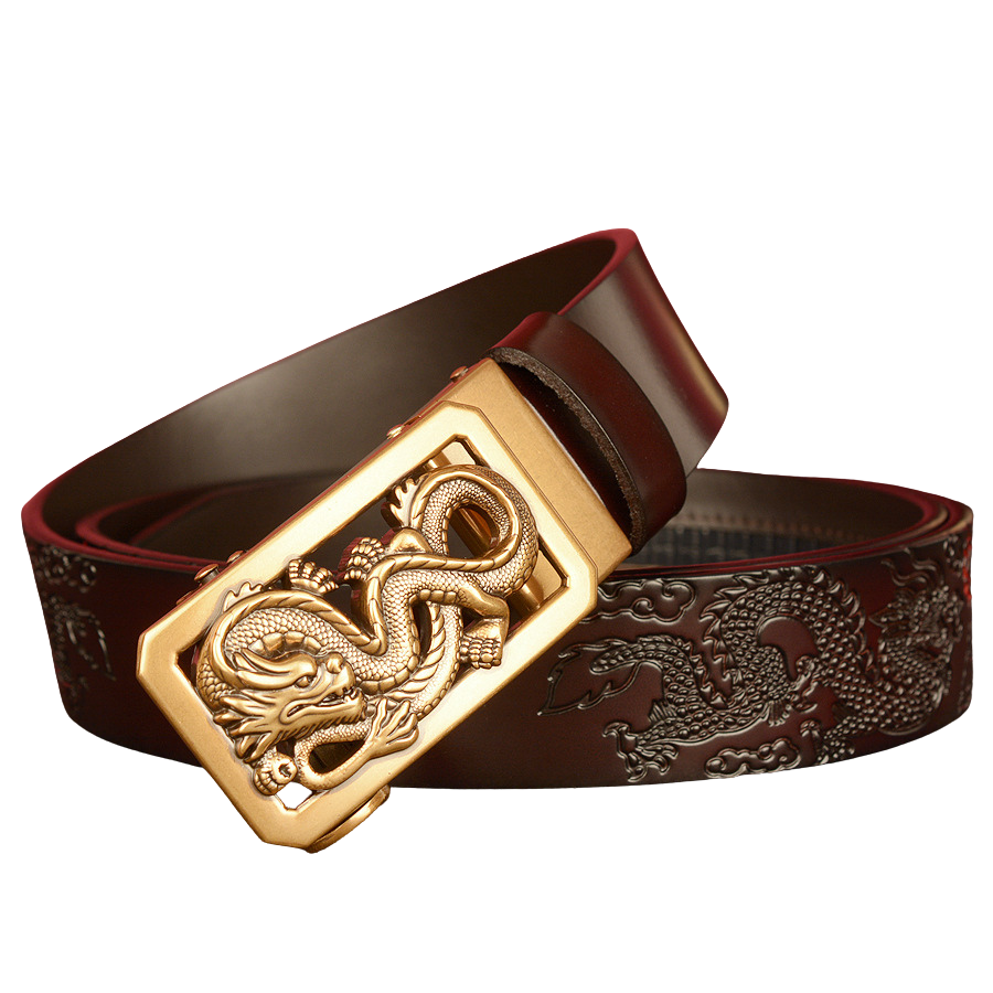 Ceinture Dragon d’Orient en cuir marron avec boucle automatique dorée ornée d'un dragon sculpté et motif de dragons gravé sur le cuir. #fullwidth
