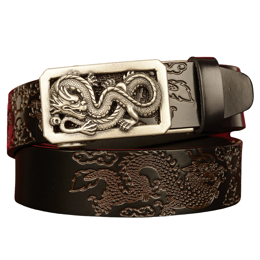 Ceinture Dragon d’Orient noire avec boucle argentée ornée d'un dragon sculpté et motif dragon gravé sur le cuir #fullwidth
