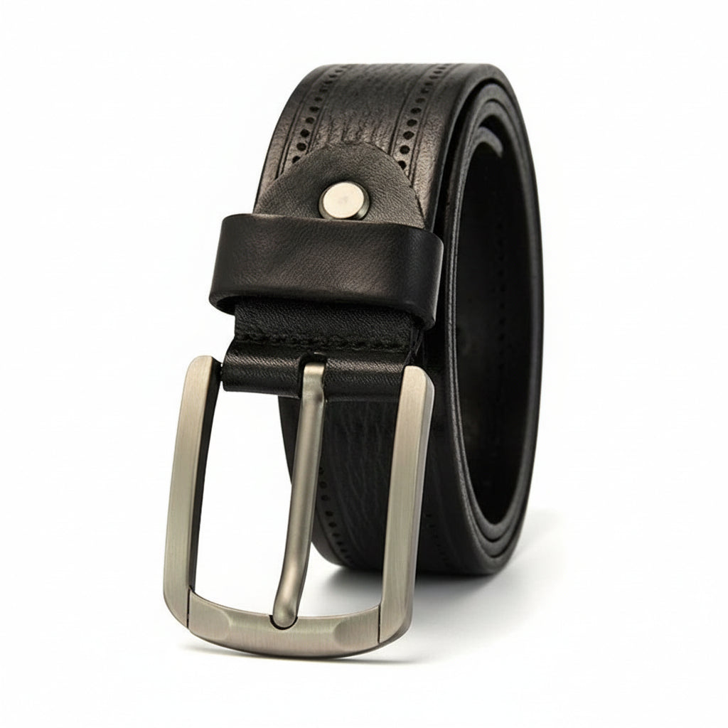 Ceinture homme Dumas en cuir noir pleine fleur avec boucle ardillon argentée et motif perforé sur le côté