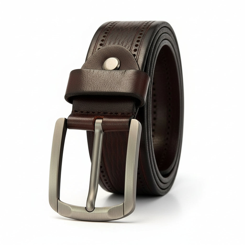 Ceinture homme Dumas en cuir pleine fleur marron café, grain naturel texturé, motif perforé et boucle ardillon rectangulaire argentée.