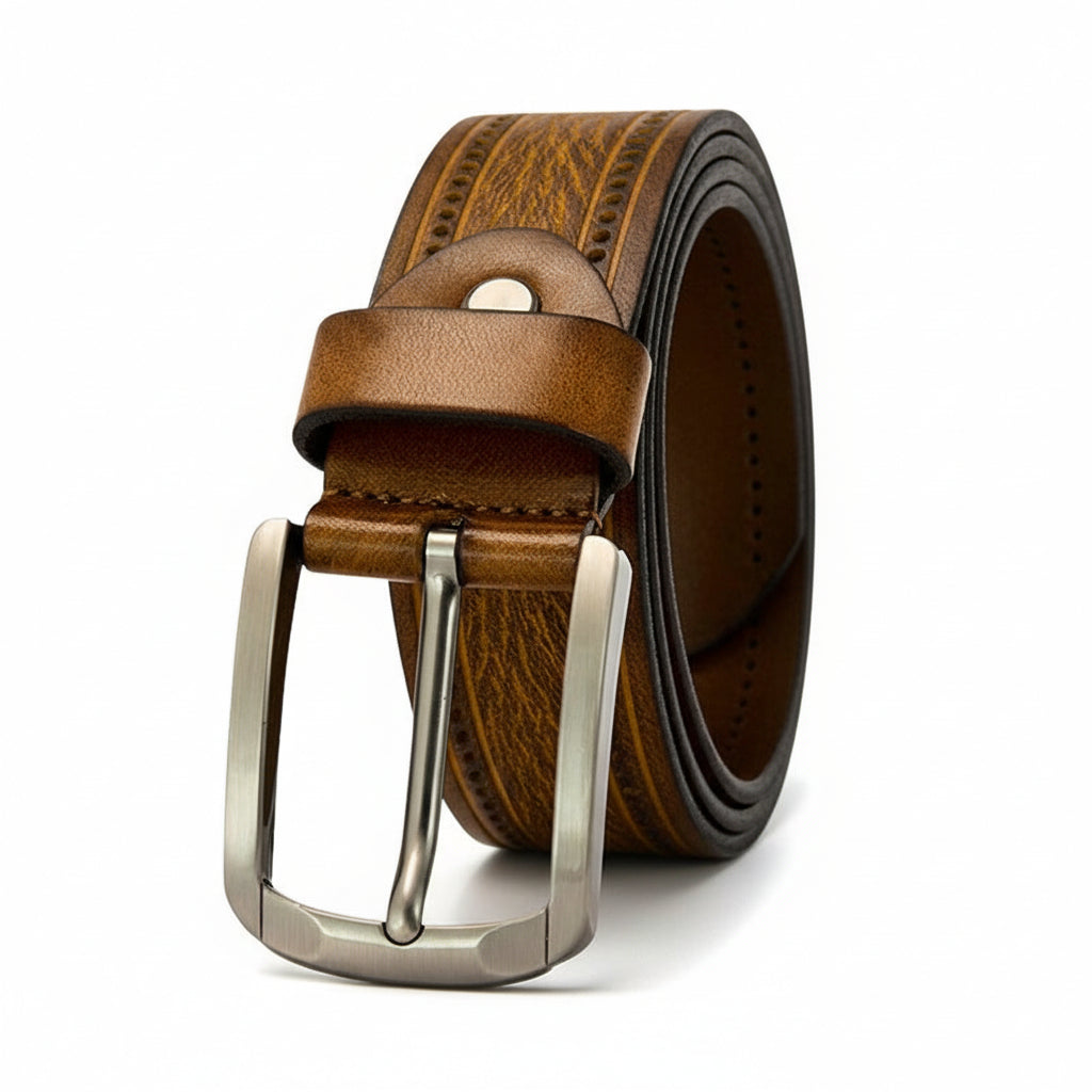 Ceinture homme Dumas en cuir pleine fleur marron avec boucle ardillon argentée et motif perforé