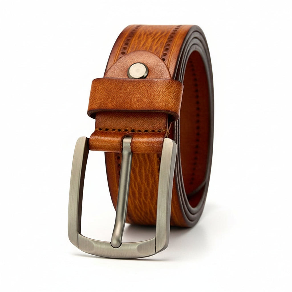 Ceinture homme Dumas en cuir marron clair pleine fleur avec boucle ardillon argentée et motif perforé