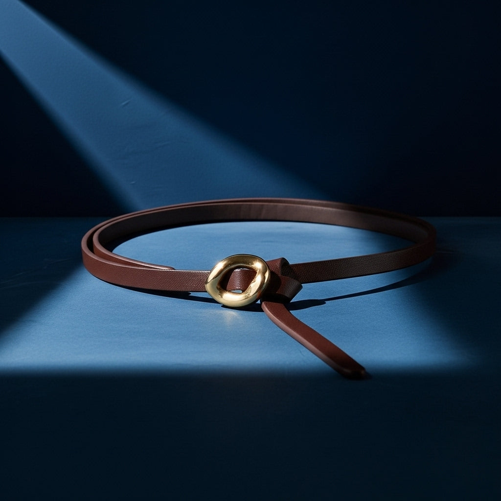 Ceinture fine marron en cuir pleine fleur Éblouie avec boucle dorée organique et système de nouage manuel, sur fond bleu #fullwidth