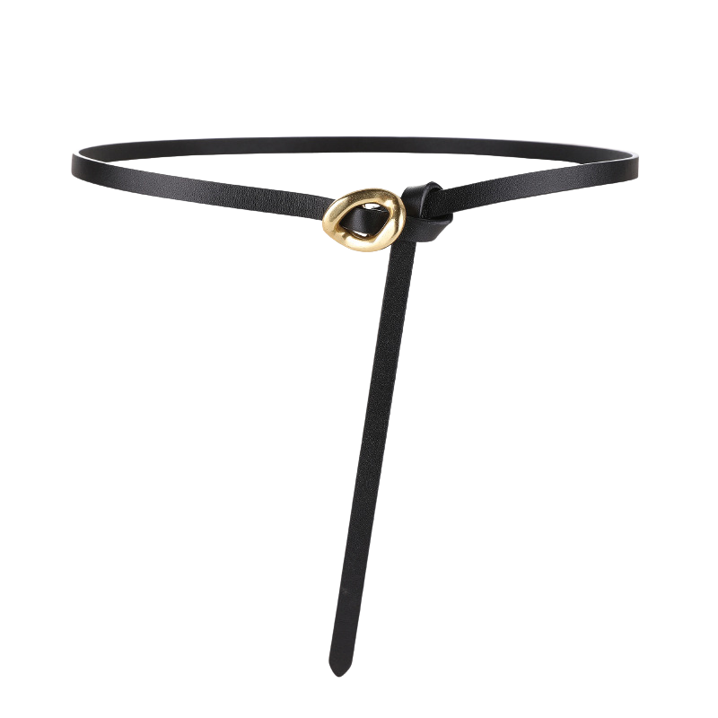 Ceinture fine noire Éblouie en cuir avec boucle dorée organique et système de nouage sans trou ni ardillon.