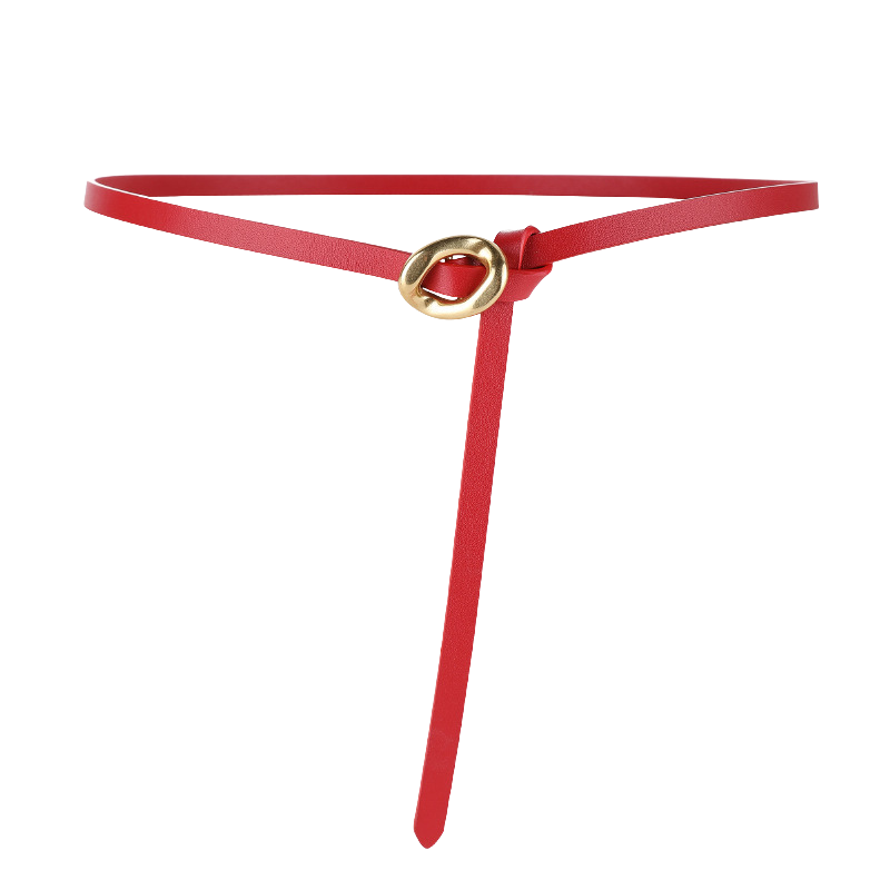 Ceinture fine rouge Éblouie en cuir avec boucle dorée organique et système de nouage manuel