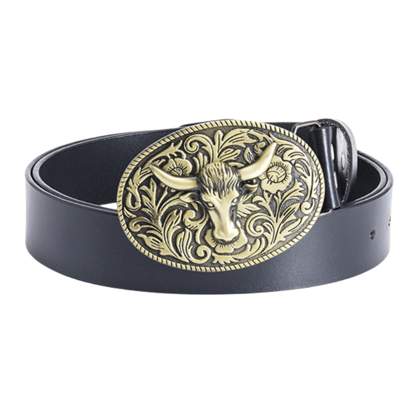 Ceinture Edith noire en cuir avec boucle ovale western ornée d'une tête de taureau dorée et de motifs floraux argentés
