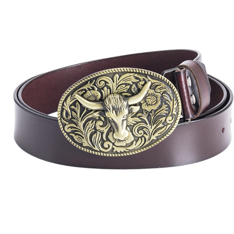 Ceinture Edith en cuir marron foncé avec une boucle ovale ornée d'une tête de taureau dorée et de motifs floraux argentés.