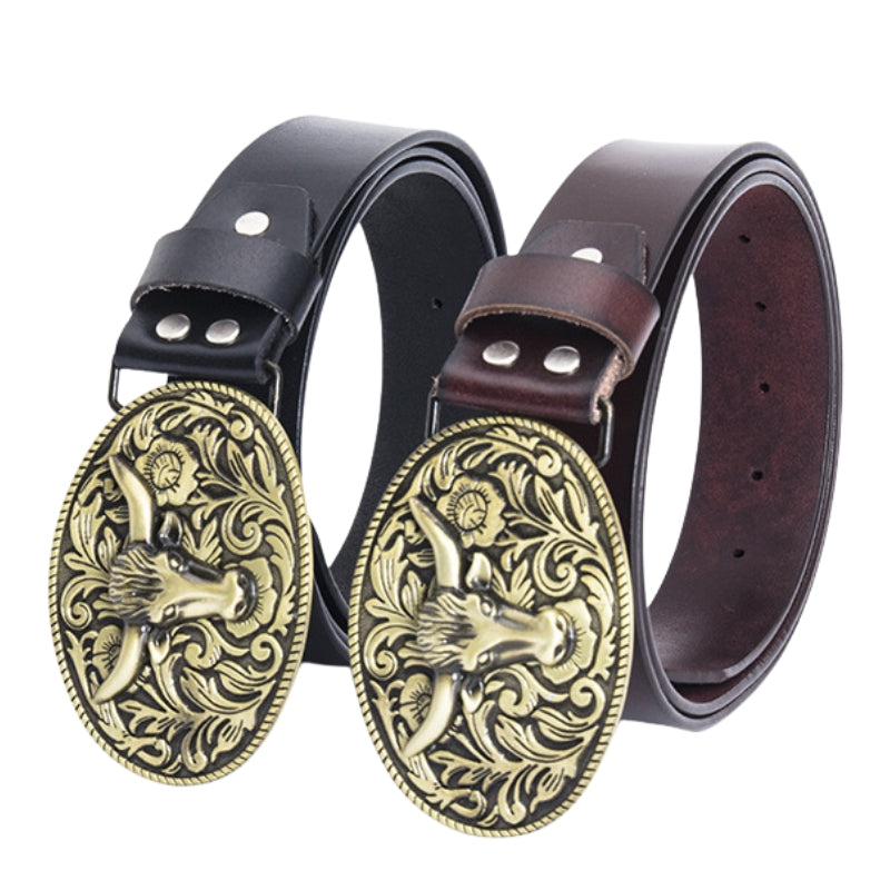 Ceinture Edith noire et marron en cuir avec boucle ovale ornée d'une tête de taureau dorée et de motifs floraux argentés.
