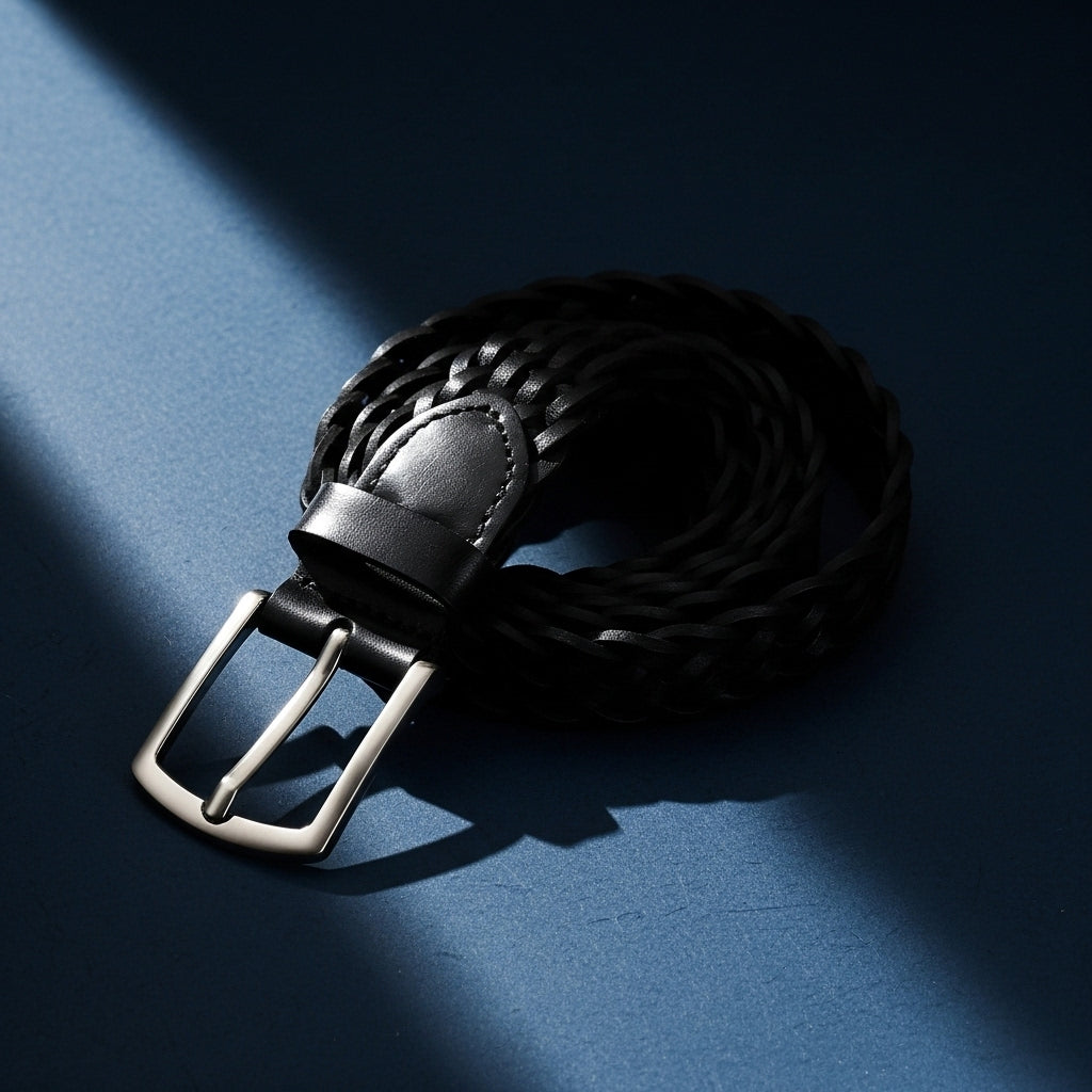 Ceinture noire tressée pour homme, modèle Edmond, en cuir de vachette pleine fleur avec boucle ardillon argentée arrondie. #fullwidth