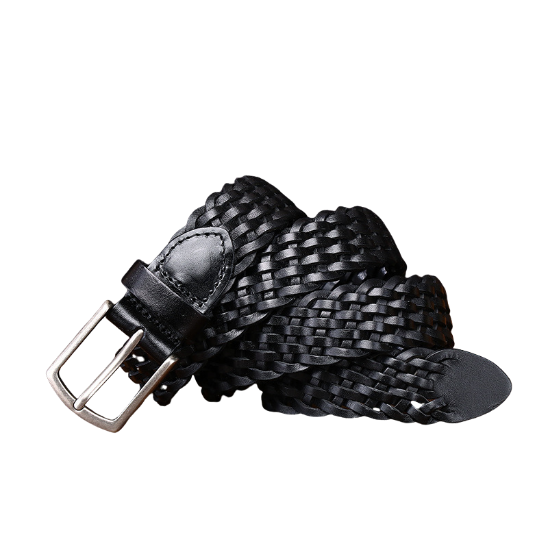 Ceinture homme Edmond en cuir noir tressé avec boucle ardillon arrondie argentée