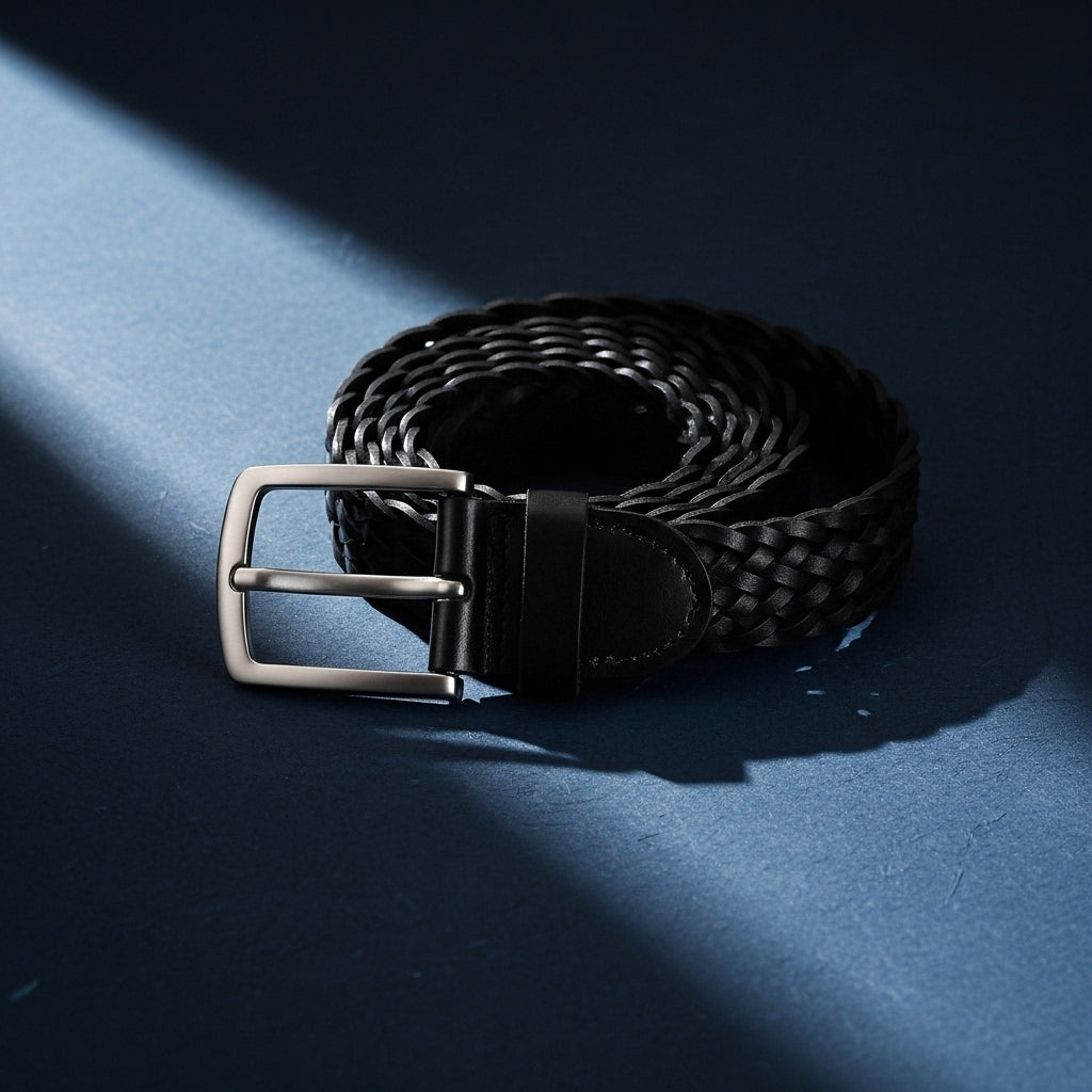Ceinture pour homme Edmond en cuir de vachette pleine fleur tressé à la main, de couleur noire, avec une boucle ardillon arrondie argentée. #fullwidth
