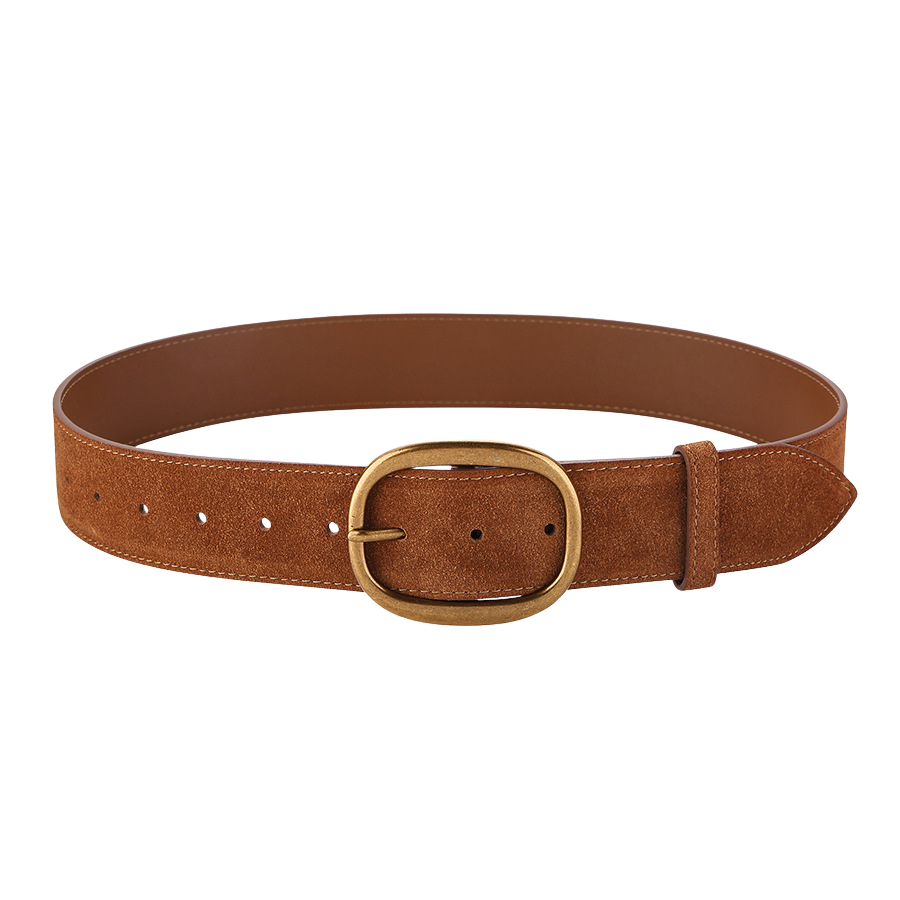 Ceinture Églantine marron en cuir suédé avec boucle ovale rétro dorée.