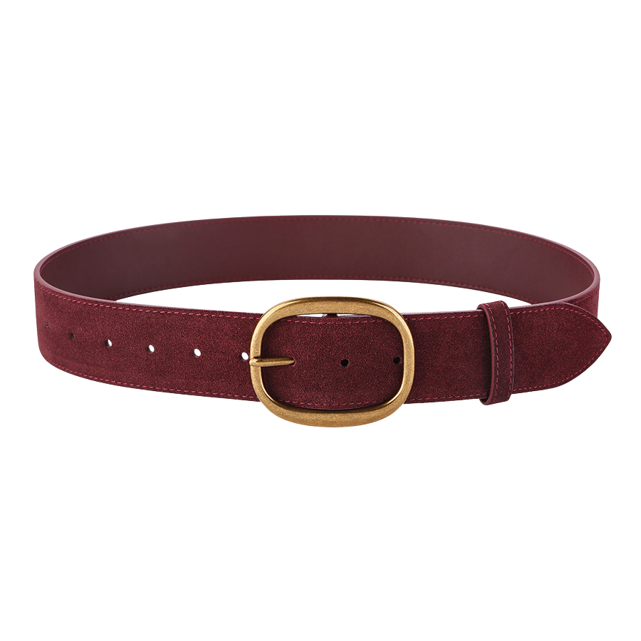 Ceinture femme Églantine en cuir de vachette suédé bordeaux avec boucle ardillon ovale dorée rétro.