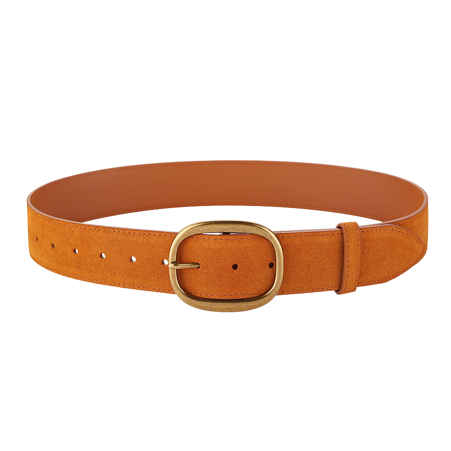 Ceinture Églantine en cuir de vachette aspect suédé couleur camel avec boucle ovale rétro dorée