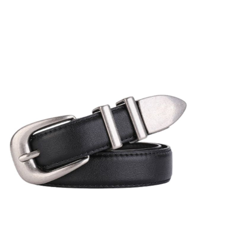 Ceinture Élégance noire en cuir refendu avec boucle ardillon argentée vieillie et passants métalliques.