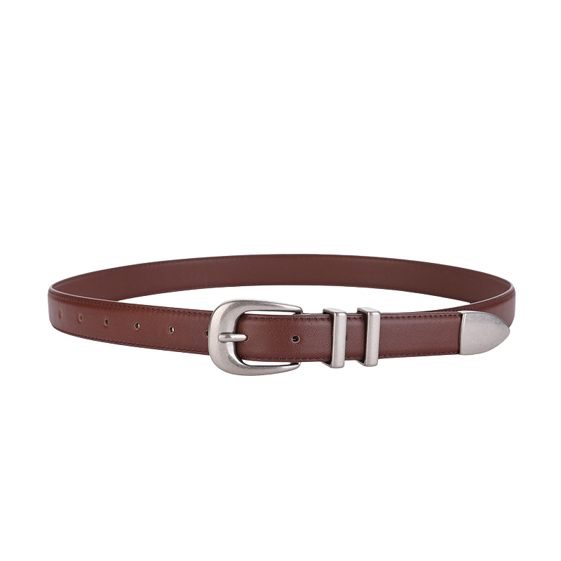 Ceinture Élégance en cuir marron pour femme, avec boucle ardillon argentée vieillie et deux passants métalliques.