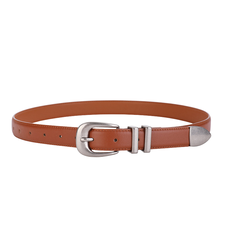 Ceinture femme Élégance en cuir marron clair, avec boucle ardillon argentée vieillie et deux passants métalliques.