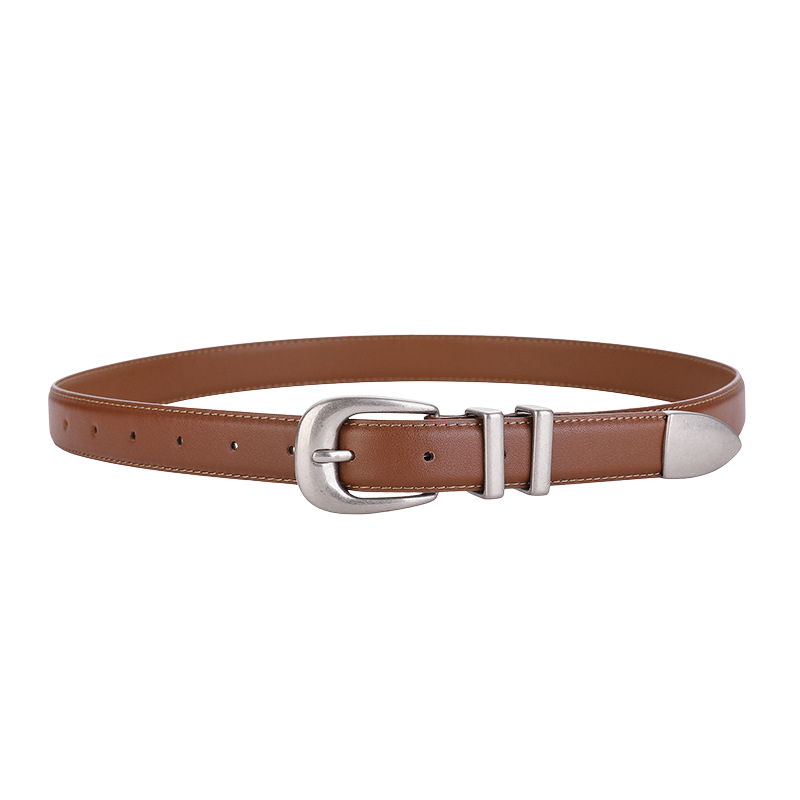 Ceinture marron en cuir refendu pour femme, modèle Élégance, avec une boucle ardillon argentée vieillie et deux passants métalliques.