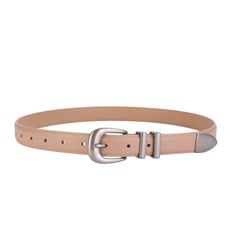 Ceinture femme Élégance en cuir beige avec boucle ardillon argentée vieillie et passant métallique