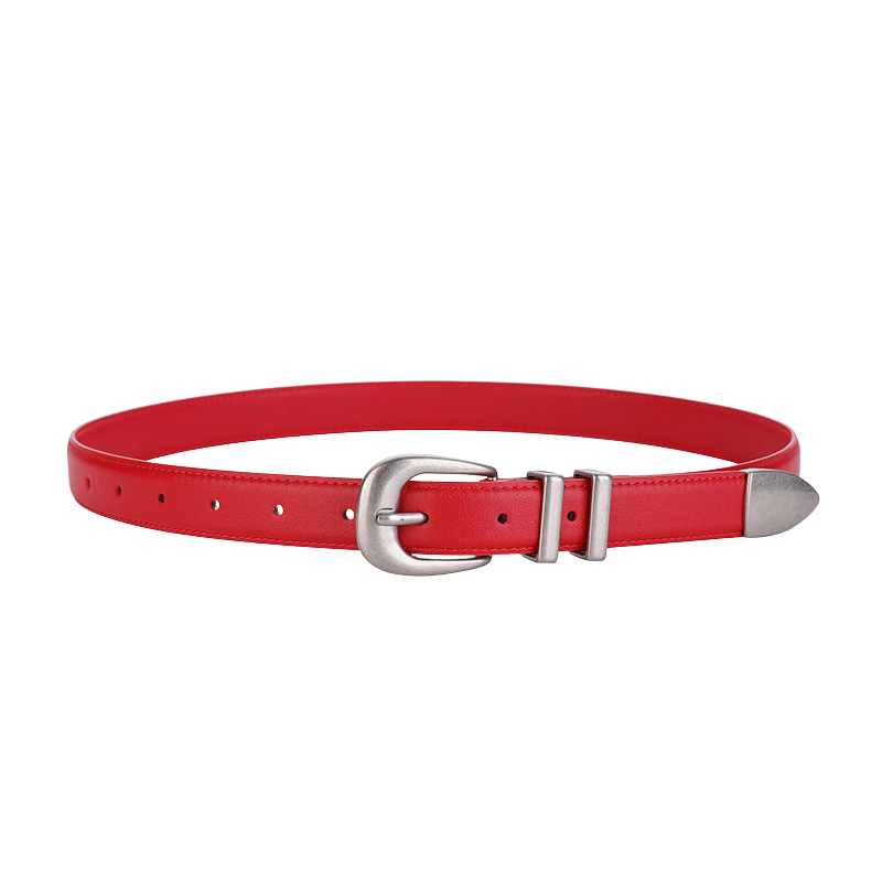 Ceinture femme Élégance en cuir refendu rouge, largeur 2,3 cm, avec boucle ardillon arrondie argentée vieillie et passants métalliques.