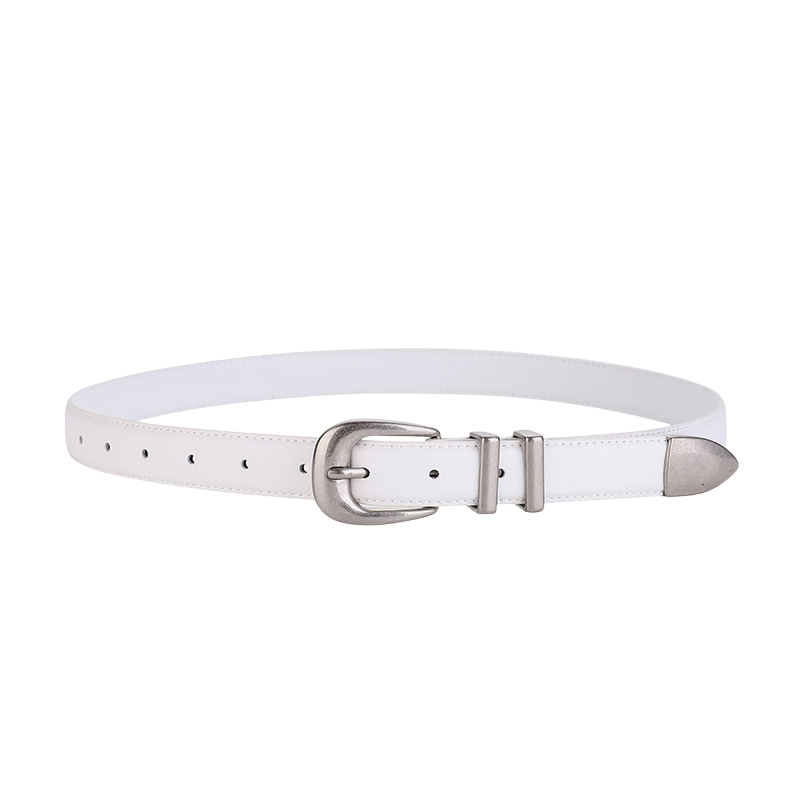 Ceinture Élégance blanche en cuir refendu avec boucle ardillon argentée vieillie et finissions métalliques.