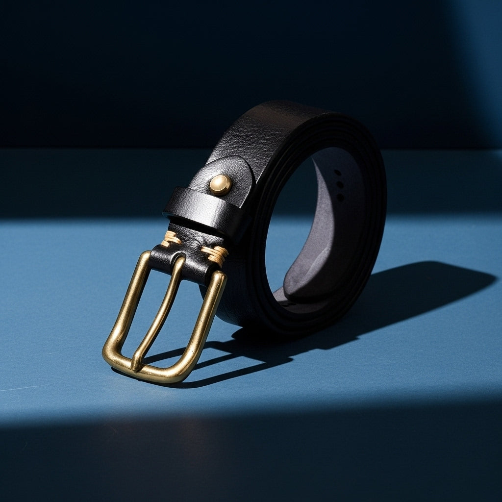 Ceinture Élégance Cuir noire pour femme, en cuir de vachette pleine fleur, avec une boucle ardillon arrondie en cuivre doré et un effet plissé subtil. #fullwidth