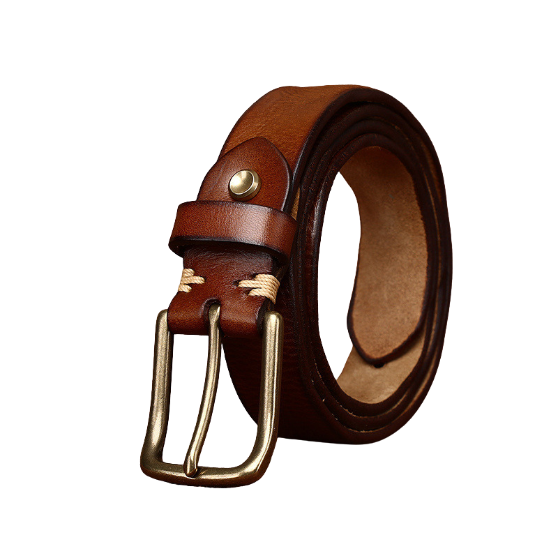 Ceinture Élégance Cuir marron en cuir de vachette pleine fleur avec boucle ardillon arrondie en cuivre doré et coutures apparentes.