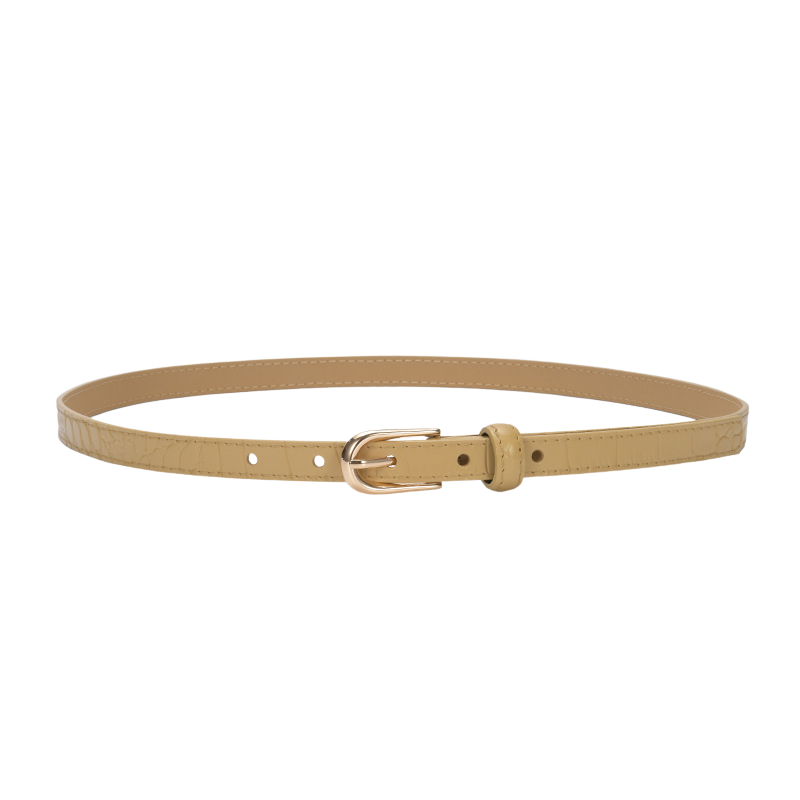 Ceinture fine pour femme Élégante en cuir beige avec texture crocodile et boucle dorée