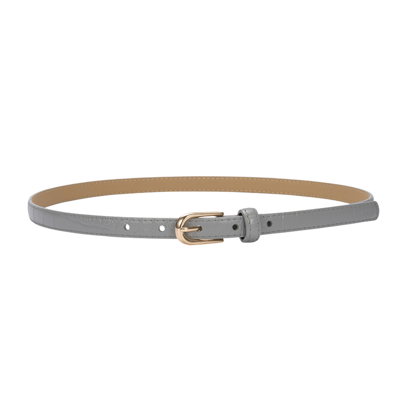 Ceinture fine pour femme, Élégante, en cuir refendu gris avec texture crocodile et boucle ardillon dorée
