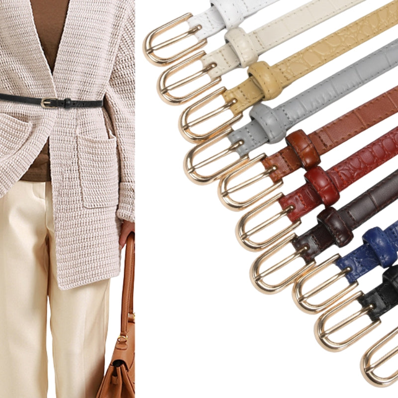 Ceinture fine pour femme Élégante en cuir refendu imprimé crocodile, avec boucle ardillon dorée. Disponible en plusieurs couleurs.