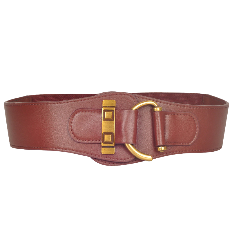 Ceinture Éliana marron en cuir avec boucle décorative dorée en demi-cercle et détails carrés dorés sur le devant. Bretelle élastique à l'arrière pour un ajustement confortable.