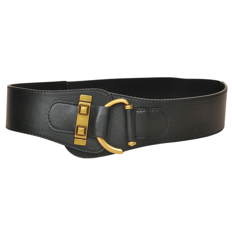 Ceinture noire pour femme Éliana avec boucle dorée en demi-cercle et détails dorés carrés, largeur 6 cm, style rétro coréen.