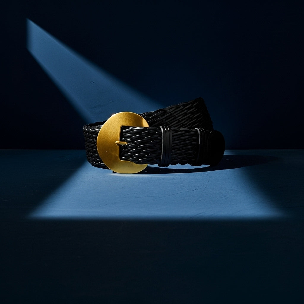 Ceinture Éliane noire en simili cuir tressé, avec une boucle dorée mate large et arrondie en forme de C, style bohème chic. #fullwidth