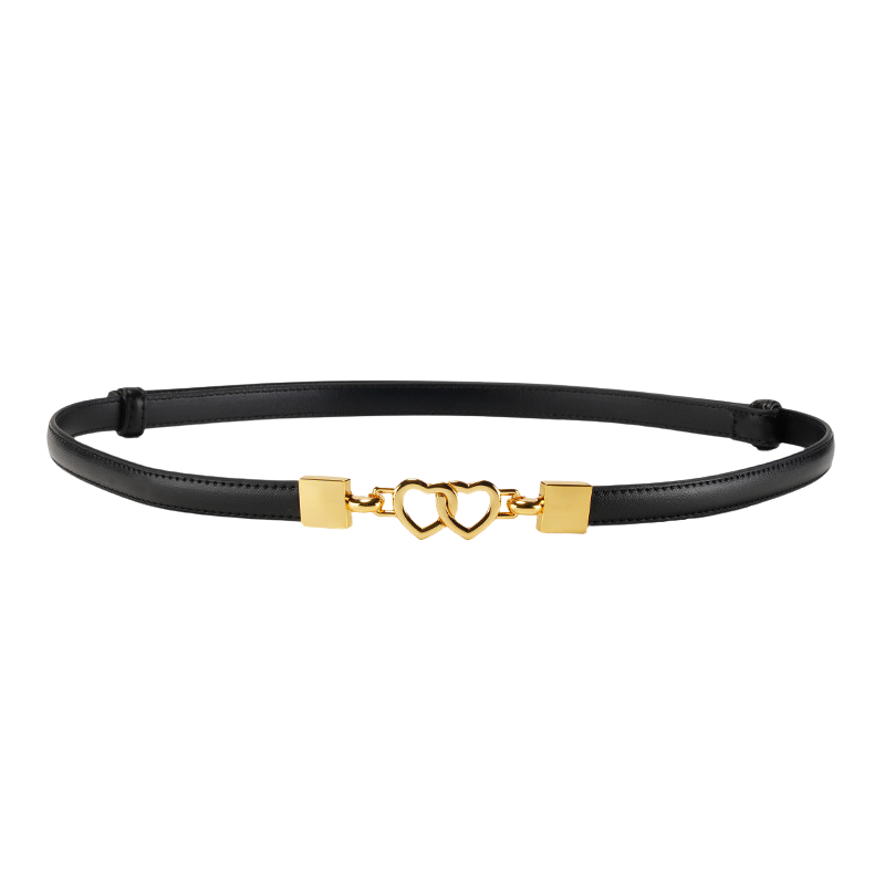 Ceinture fine noire pour femme Élise 1, ornée d'une boucle décorative en forme de deux cœurs entrelacés avec finition dorée.