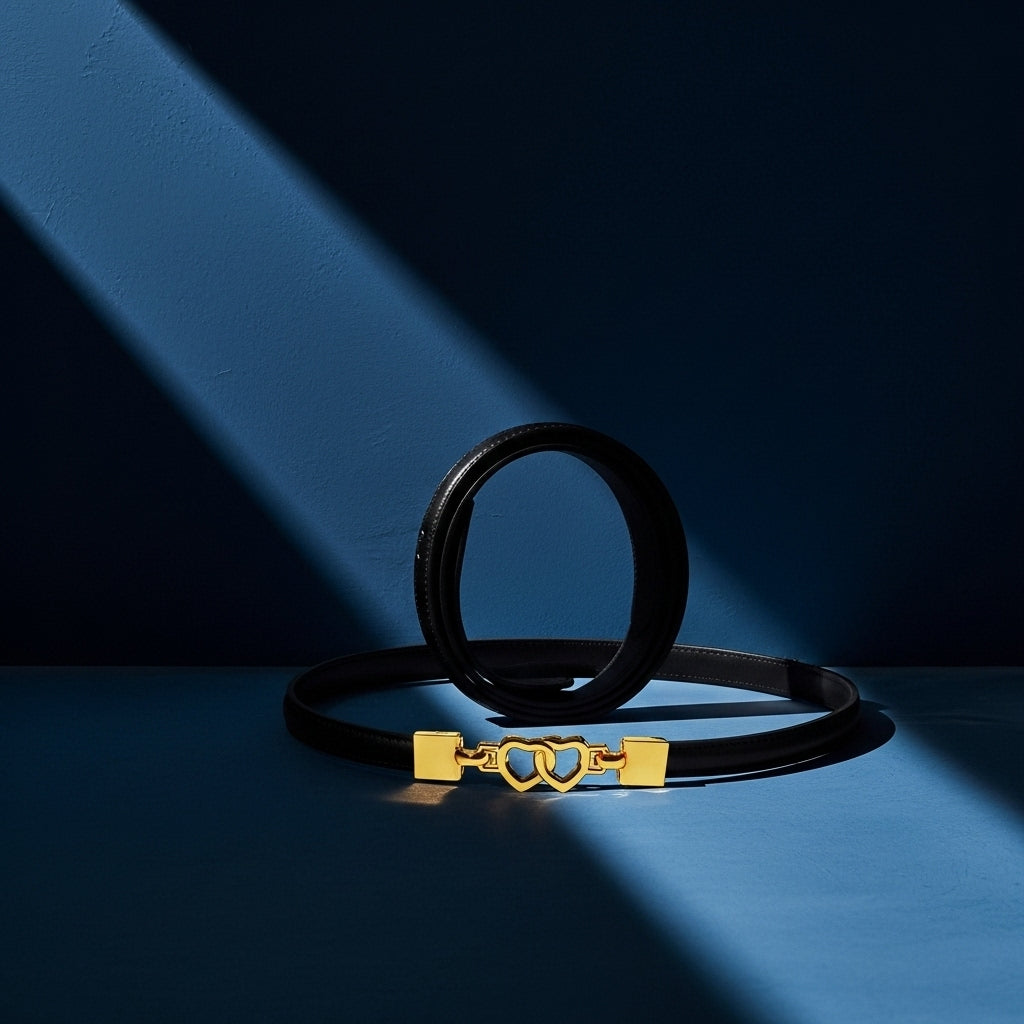 Ceinture fine pour femme Élise 1 en cuir lisse noir avec boucle décorative dorée en forme de deux cœurs entrelacés #fullwidth