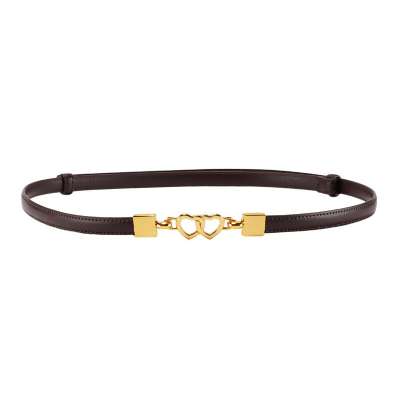 Ceinture fine Élise 1 en cuir lisse marron foncé, ornée d'une boucle dorée en forme de deux cœurs entrelacés.