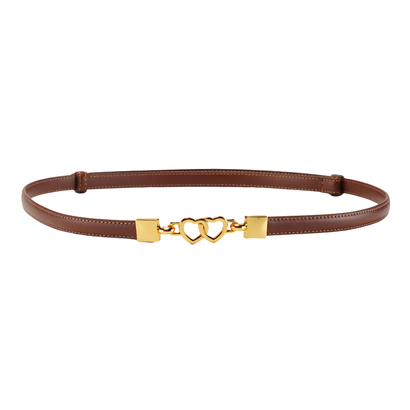 Ceinture fine en cuir marron pour femme, modèle Élise 1, avec une boucle décorative dorée en forme de deux cœurs entrelacés et des finitions carrées dorées.