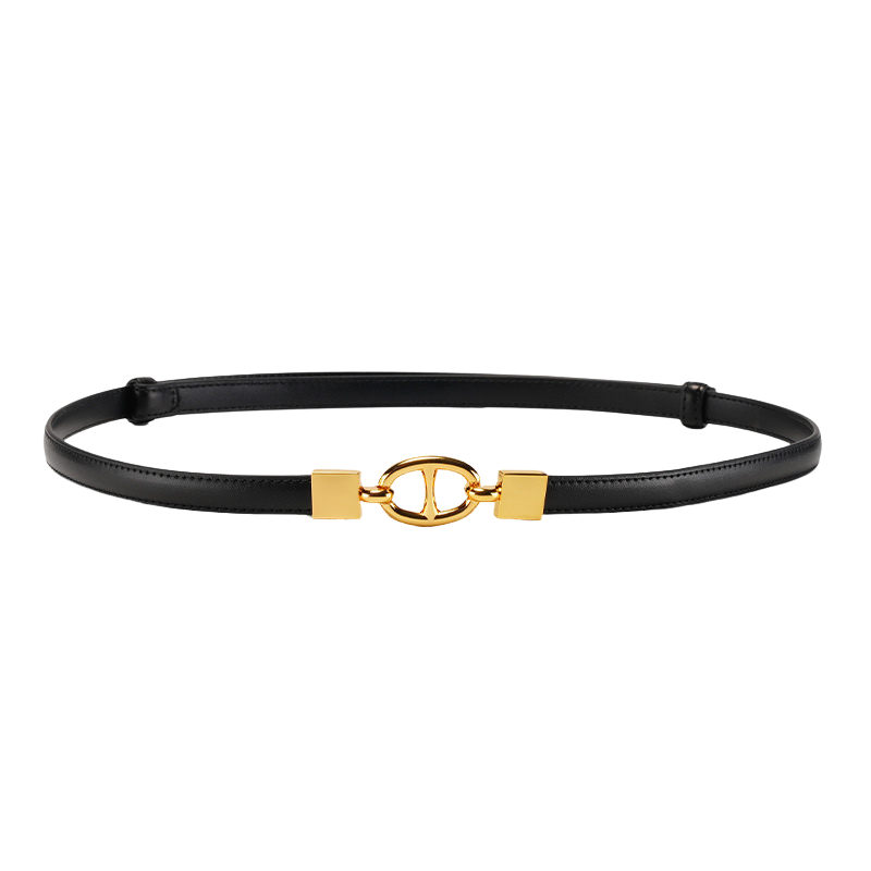 Ceinture fine en cuir noir pour femme, modèle Élise 2, avec boucle ovale dorée et système de fermeture caché.