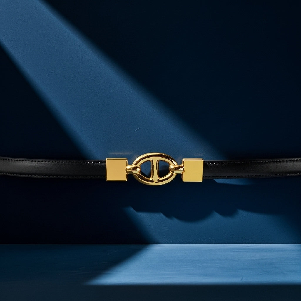 Ceinture femme Élise 2 noire en cuir lisse avec boucle décorative ovale dorée et système à ressort intégré, style discret et raffiné #fullwidth