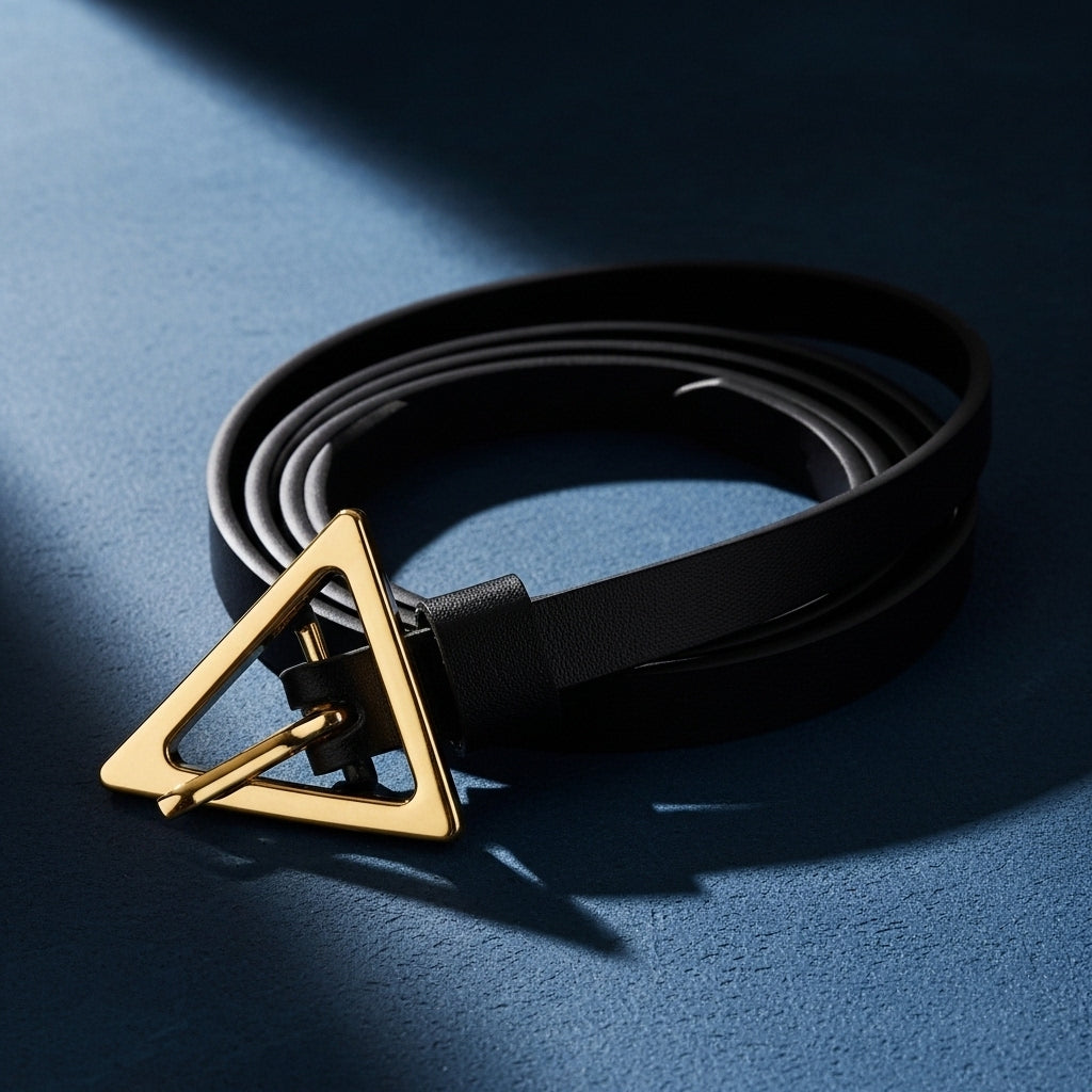 Ceinture fine Élodie en cuir noir avec boucle dorée en forme de triangle.#fullwidth