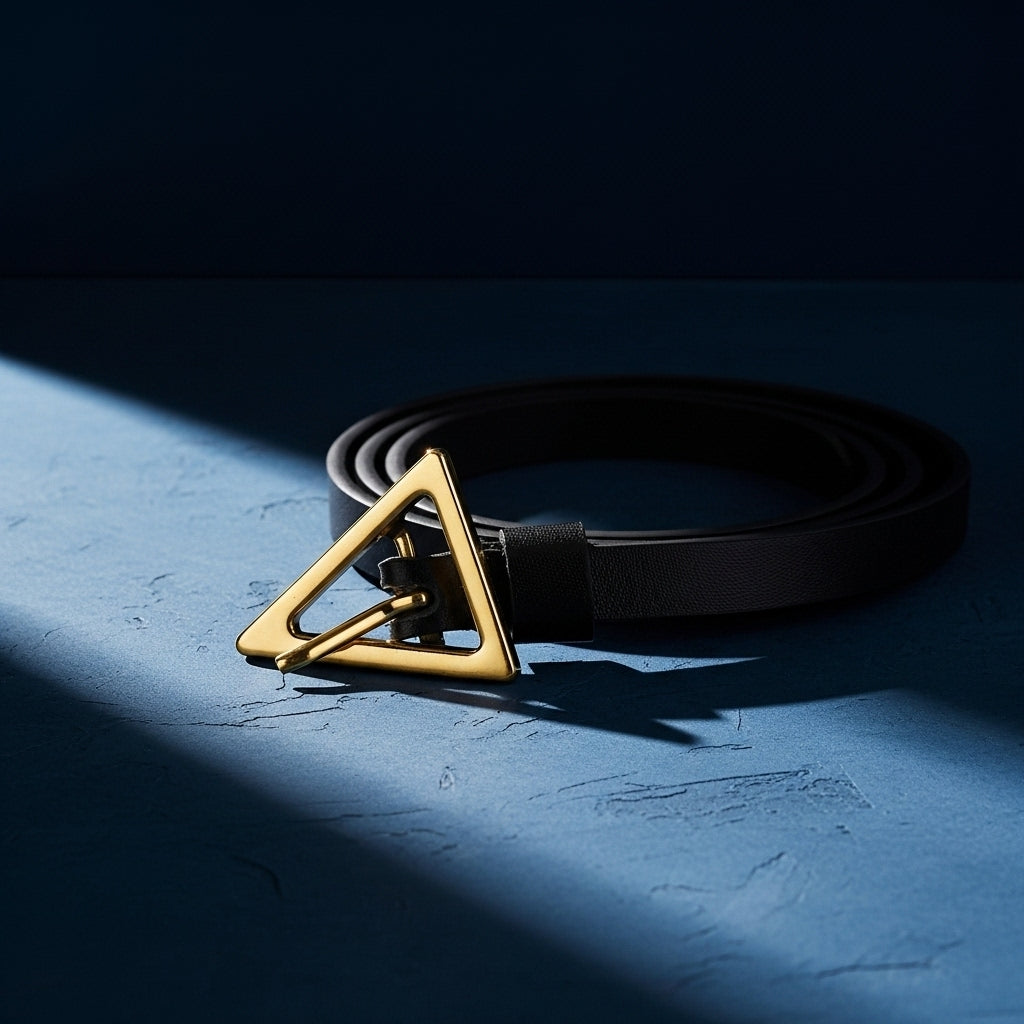 Ceinture fine Élodie en cuir noir pour femme avec une boucle dorée en forme de triangle et un ardillon, sur fond bleu texturé #fullwidth