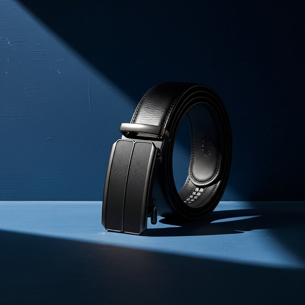 Ceinture homme Éloi 1 en cuir noir lisse avec boucle automatique rectangulaire en métal noir et finition texturée sur fond bleu #fullwidth