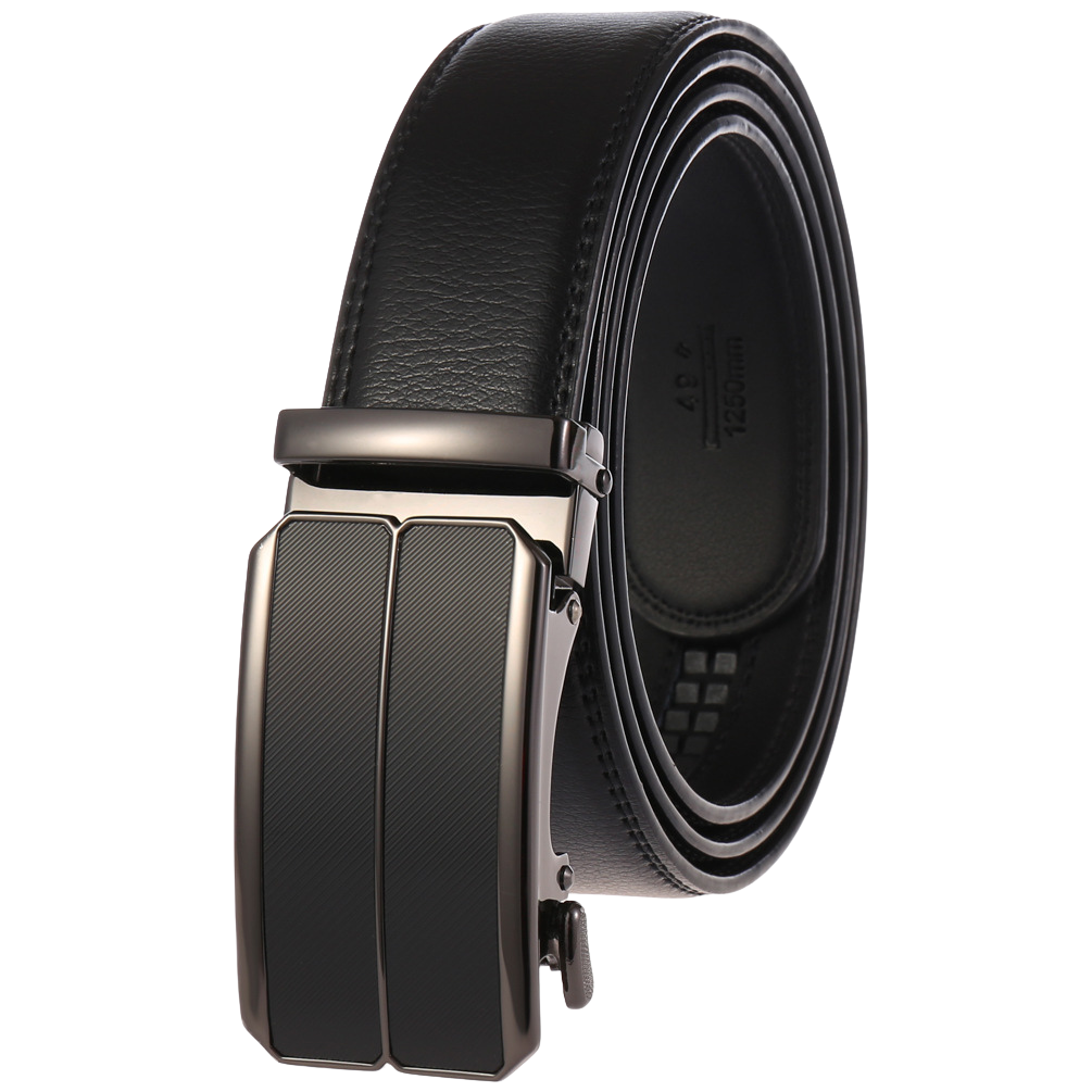 Ceinture homme Éloi 1 noire avec boucle automatique rectangulaire en métal et lanière lisse texturée. #fullwidth