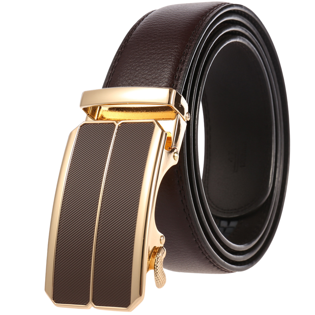 Ceinture homme Éloi 1 en cuir marron, boucle automatique rectangulaire dorée avec insert strié marron.