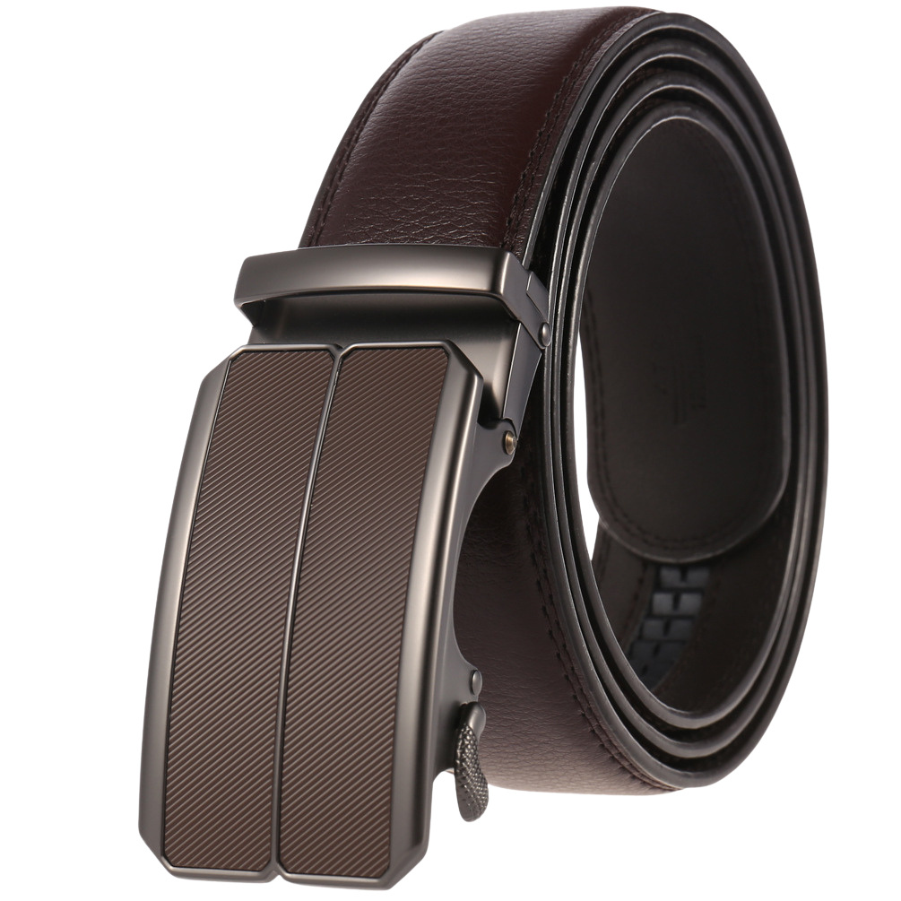 Ceinture homme Éloi 1 en cuir marron avec boucle automatique rectangulaire grise et détail texturé